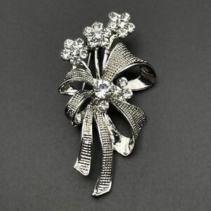 Silver with White Diamond Crystal Flower Ribbon Bow Bouquet Pin Back Brooch